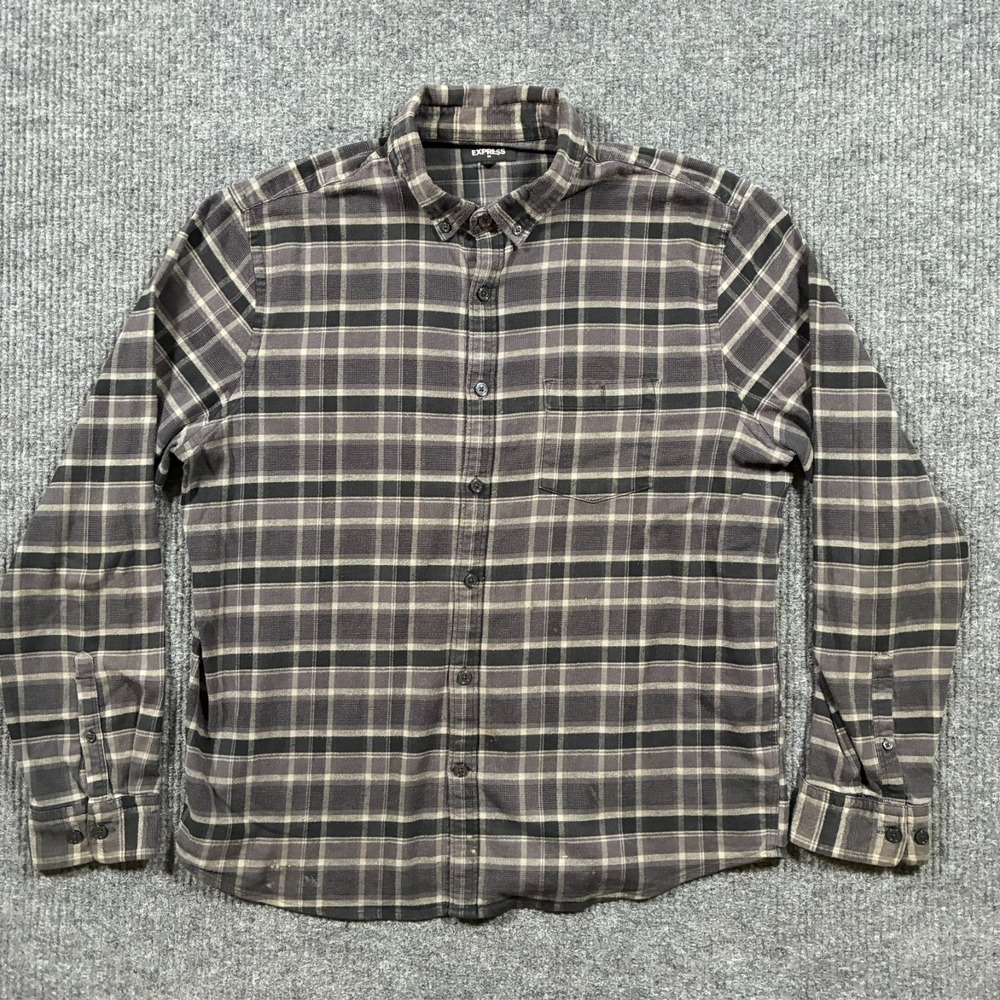 Express Button Down Shirt Mens XL Gray Plaid Long Sleeve Casual Pocket
